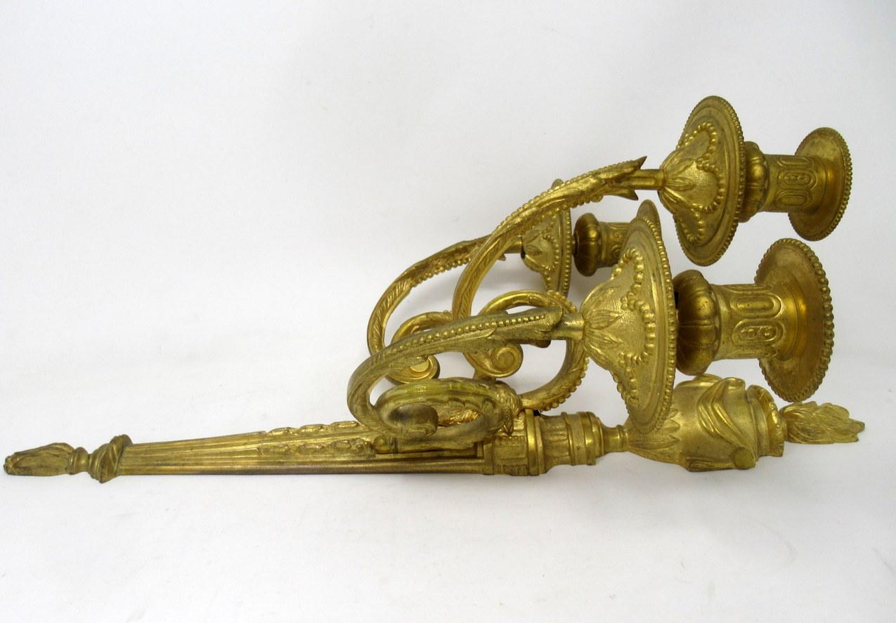 Cast Antique Pair of French Gilt Bronze Three-Light Wall Candle Sconces, 19th Century
