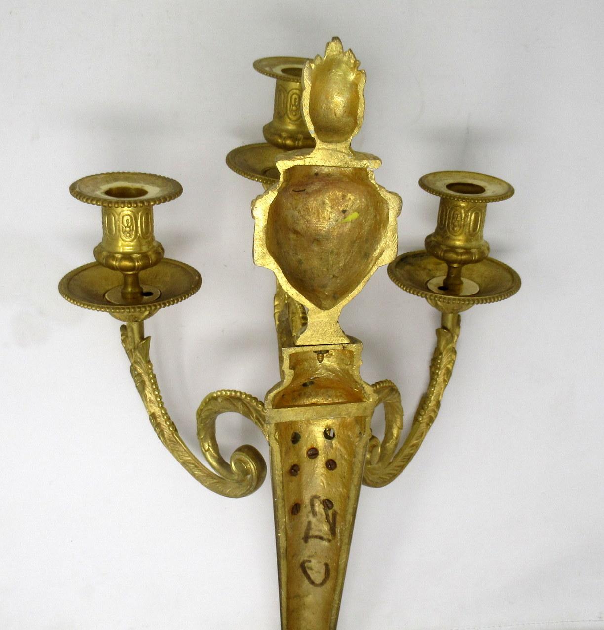 Ormolu Antique Pair of French Gilt Bronze Three-Light Wall Candle Sconces, 19th Century