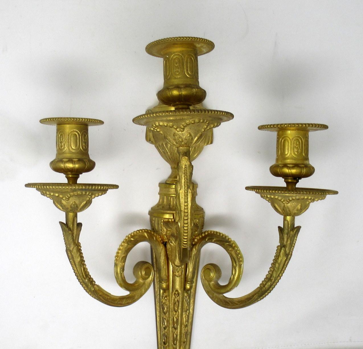 Antique Pair of French Gilt Bronze Three-Light Wall Candle Sconces, 19th Century 1