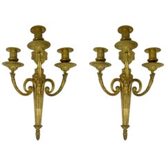 Antique Pair of French Gilt Bronze Three-Light Wall Candle Sconces, 19th Century