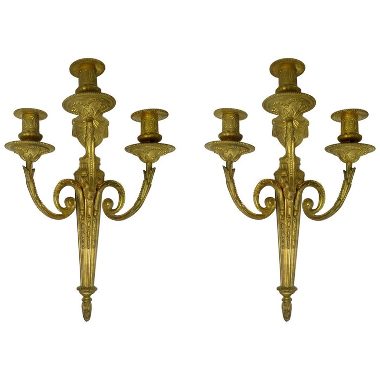 Antique Pair of French Gilt Bronze ThreeLight Wall Candle Sconces