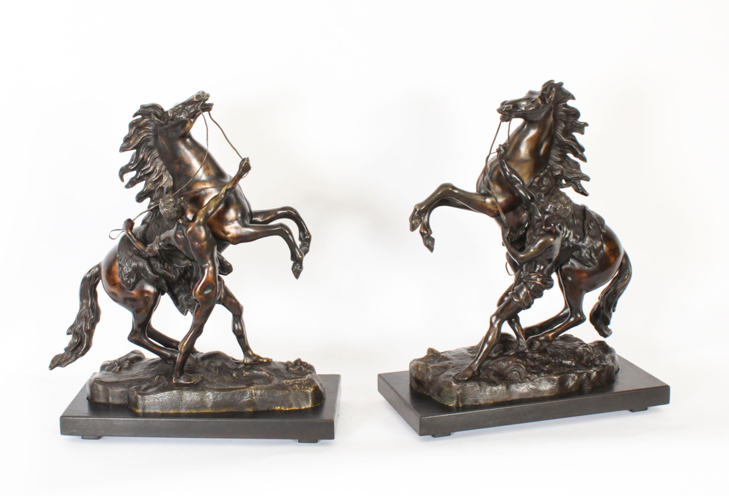 This is a beautiful antique Grand Tour pair of French patinated-bronze sculptures of Marly Horses, Circa 1880 in date.
 
The Marly Horses were commissioned by Louis XV of France sculpted in Carrara marble by Guillaume Coustou in 1743 to 1745,