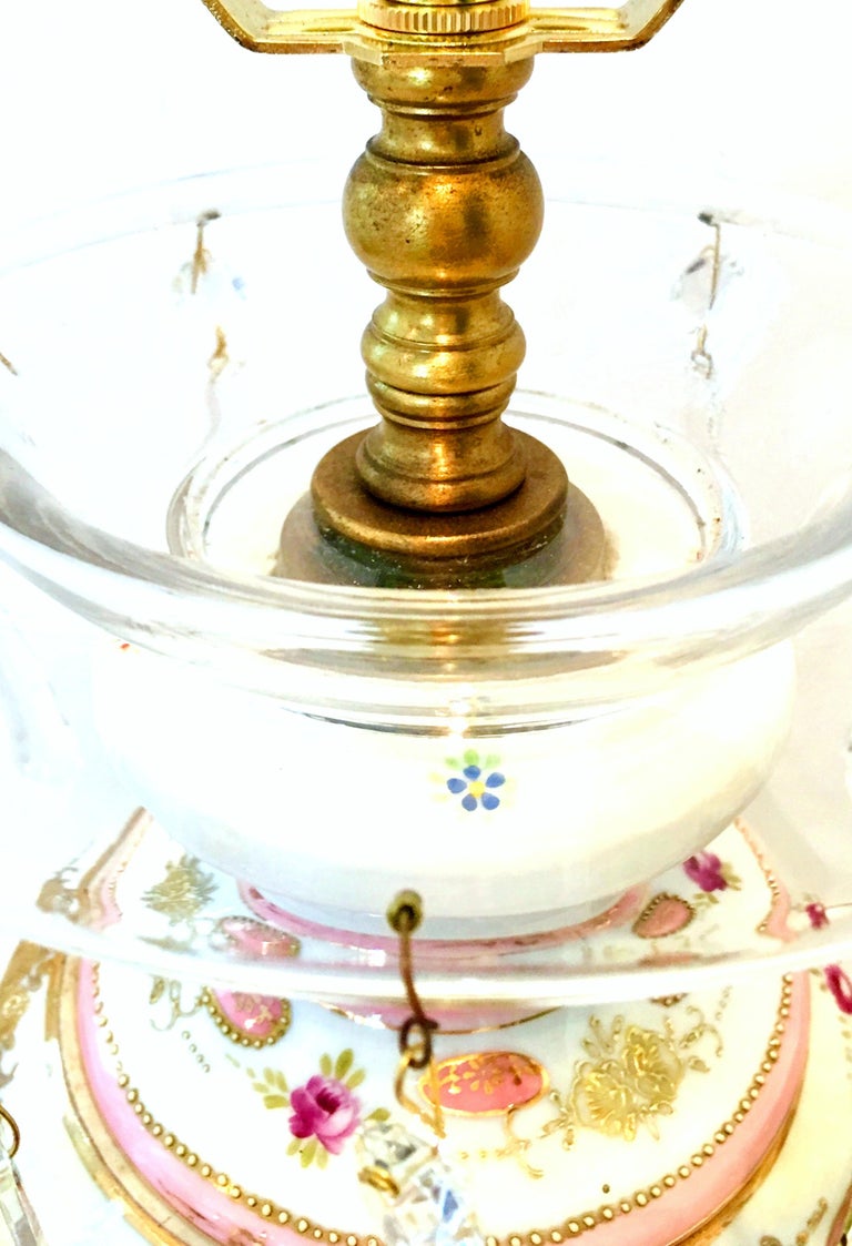 Antique Pair of French Hand Painted Gilt Porcelain and Crystal Prism