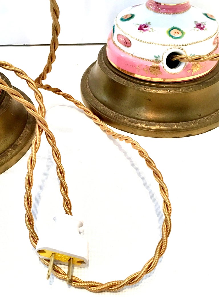 Antique Pair of French Hand Painted Gilt Porcelain and Crystal Prism