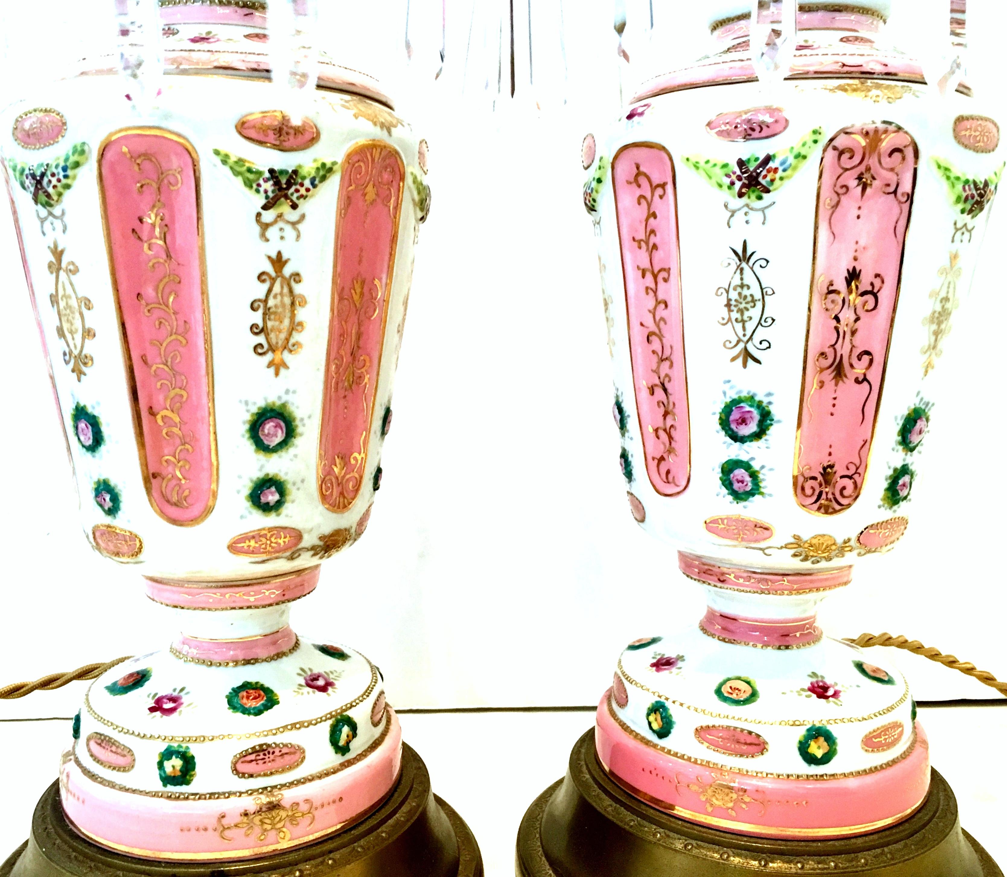 Hand-Painted Antique Pair of French Hand Painted Gilt Porcelain and Crystal Prism Lamps For Sale