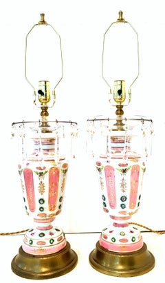 Antique Pair of French Hand Painted Gilt Porcelain and Crystal Prism Lamps