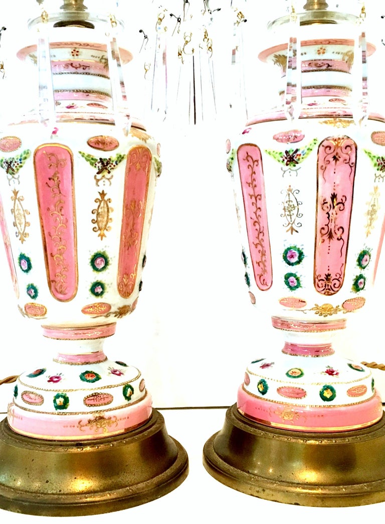 Antique Pair of French Hand Painted Gilt Porcelain and Crystal Prism