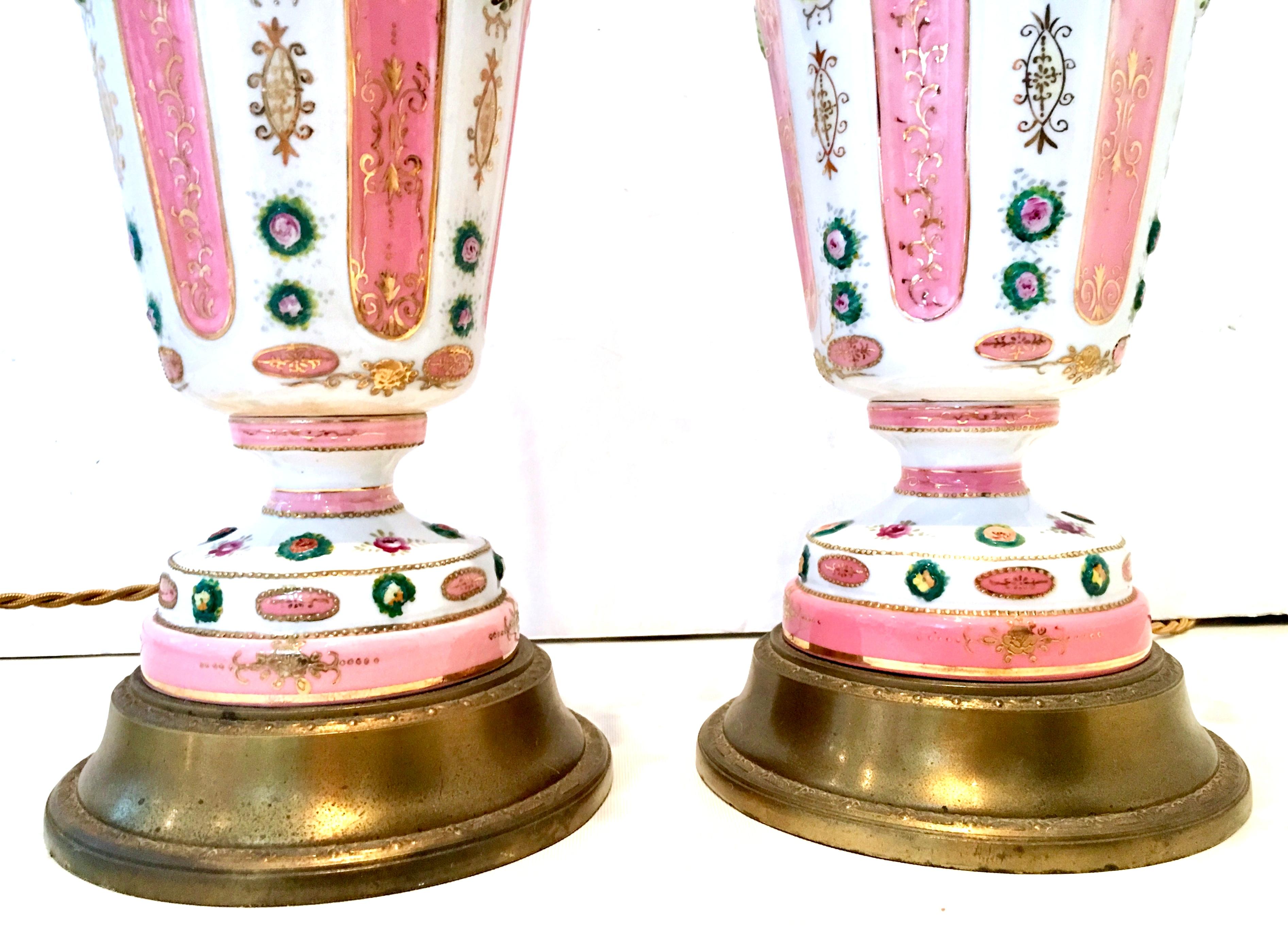 Antique Pair of French Hand Painted Gilt Porcelain and Crystal Prism Lamps In Good Condition For Sale In West Palm Beach, FL