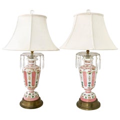 Antique Pair of French Hand Painted Gilt Porcelain and Crystal Prism Lamps