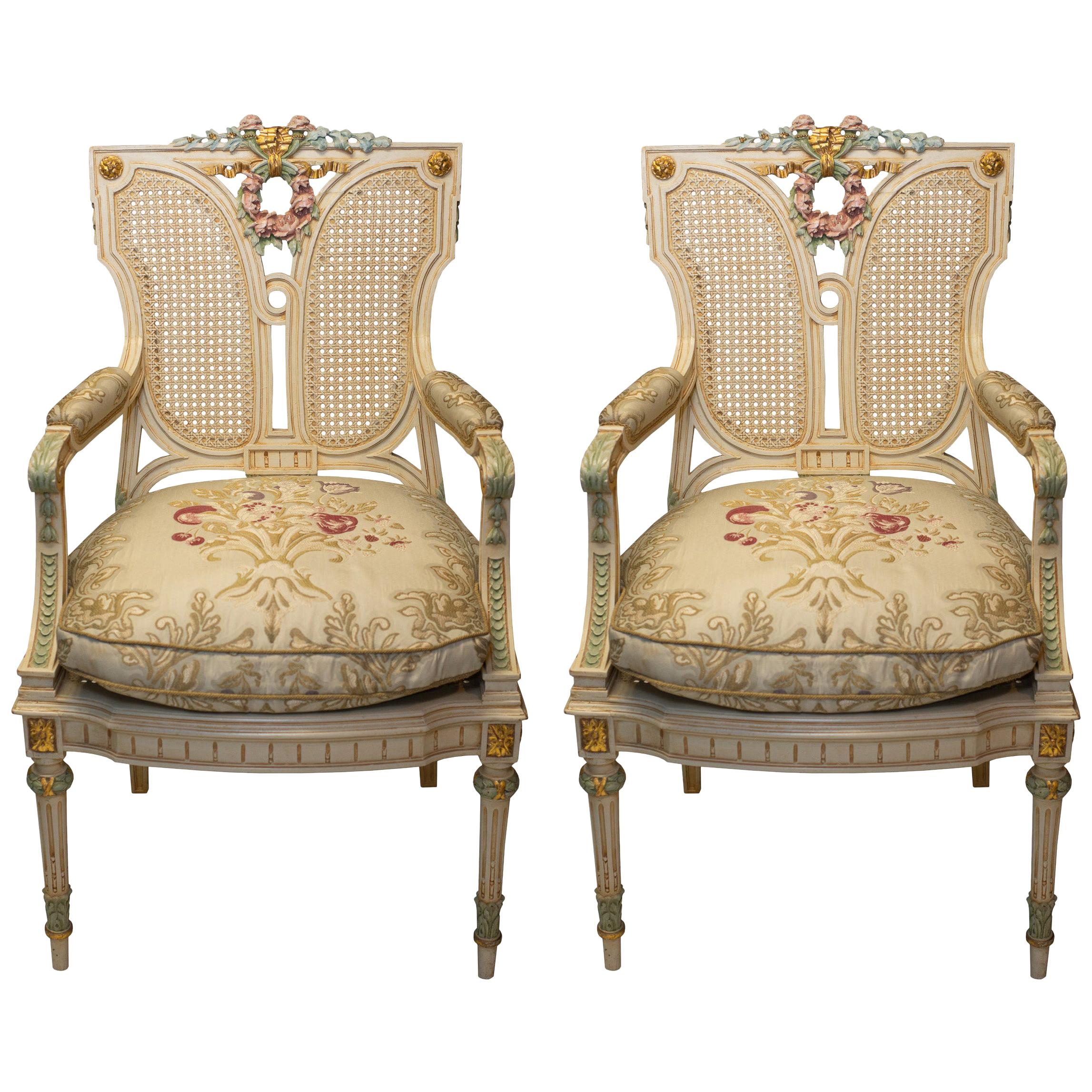 Antique Pair of French Handpainted Creme & Multicolour Brocade Chairs