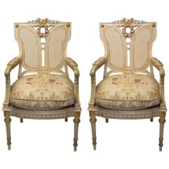 Antique Pair of French Handpainted Creme & Multicolour Brocade Chairs