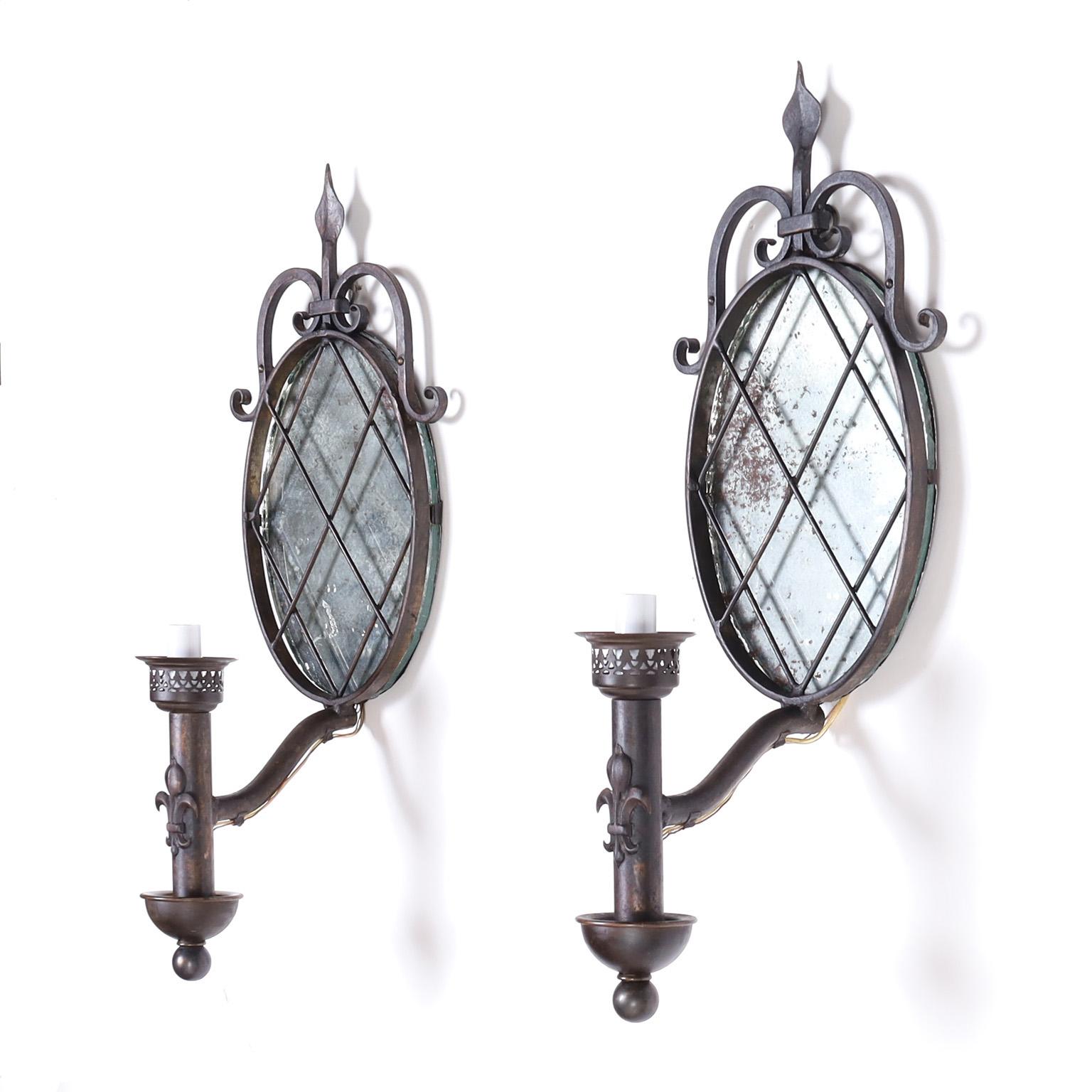 French Provincial Antique Pair of French Iron and Mirror Wall Sconces For Sale