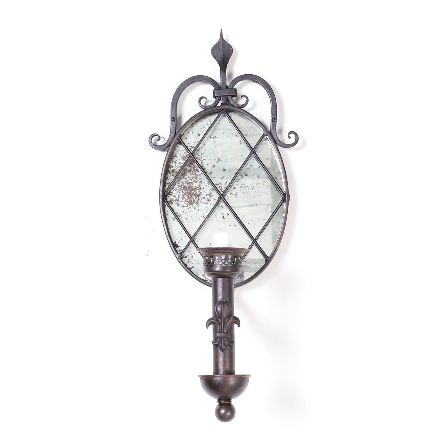 Antique Pair of French Iron and Mirror Wall Sconces In Good Condition For Sale In Palm Beach, FL