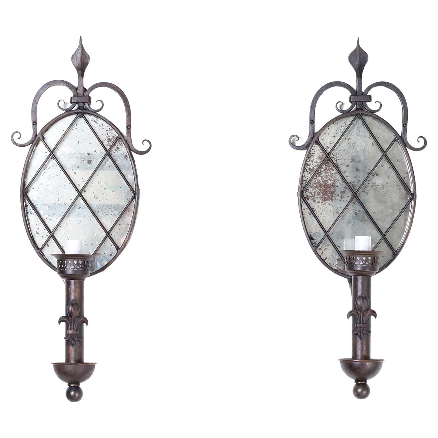Antique Pair of French Iron and Mirror Wall Sconces