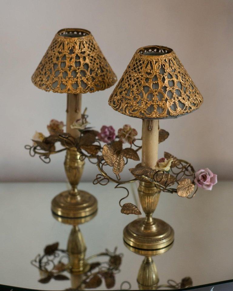 20th Century Antique Pair of French Lamps with Porcelain Flowers and Metal and Silk Shades For Sale