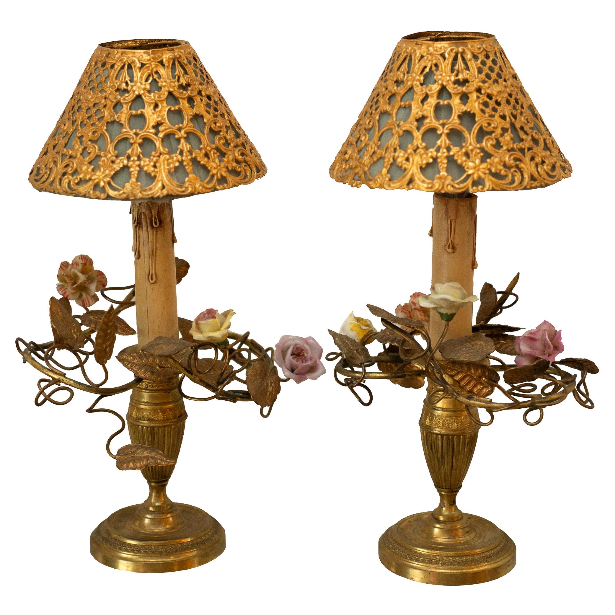 Antique Pair of French Lamps with Porcelain Flowers and Metal and Silk Shades