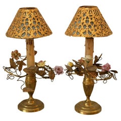 Antique Pair of French Lamps with Porcelain Flowers and Metal and Silk Shades