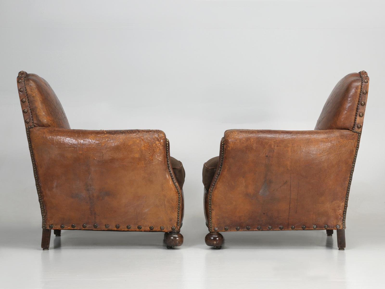 Antique Pair of French Leather Club Chairs from the 1920s Extensively Restored 9
