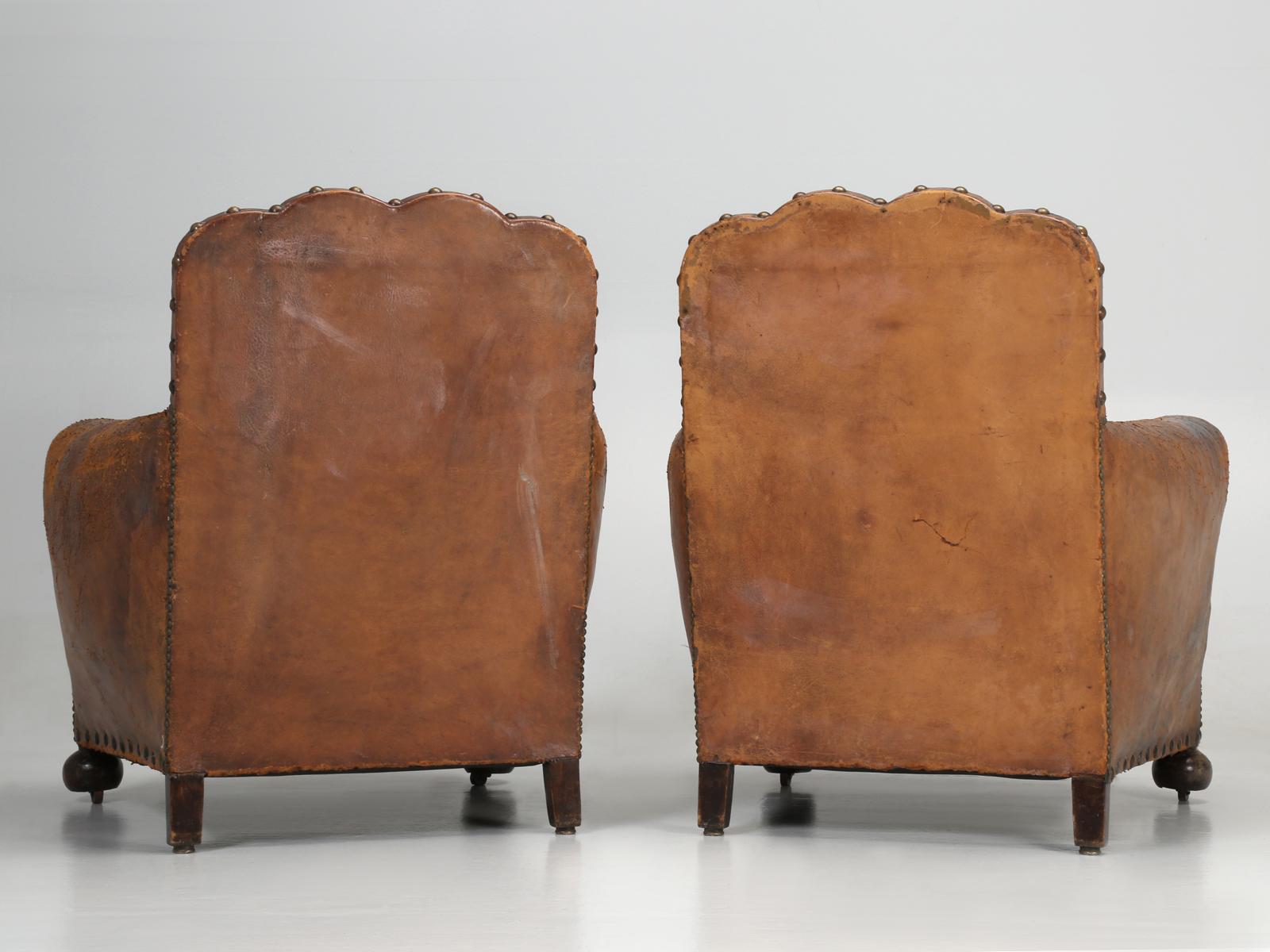 Antique Pair of French Leather Club Chairs from the 1920s Extensively Restored 10