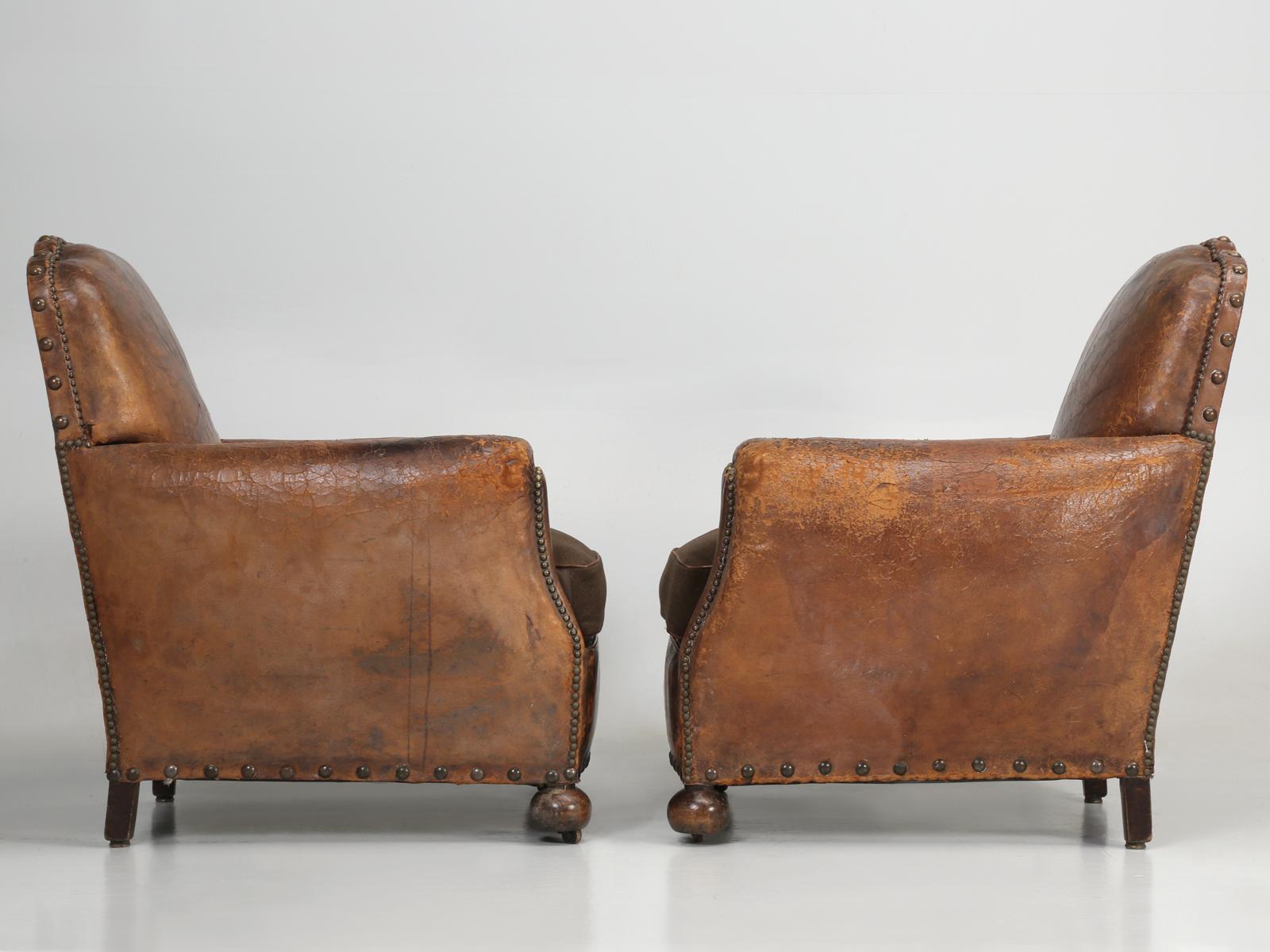 Antique Pair of French Leather Club Chairs from the 1920s Extensively Restored 11