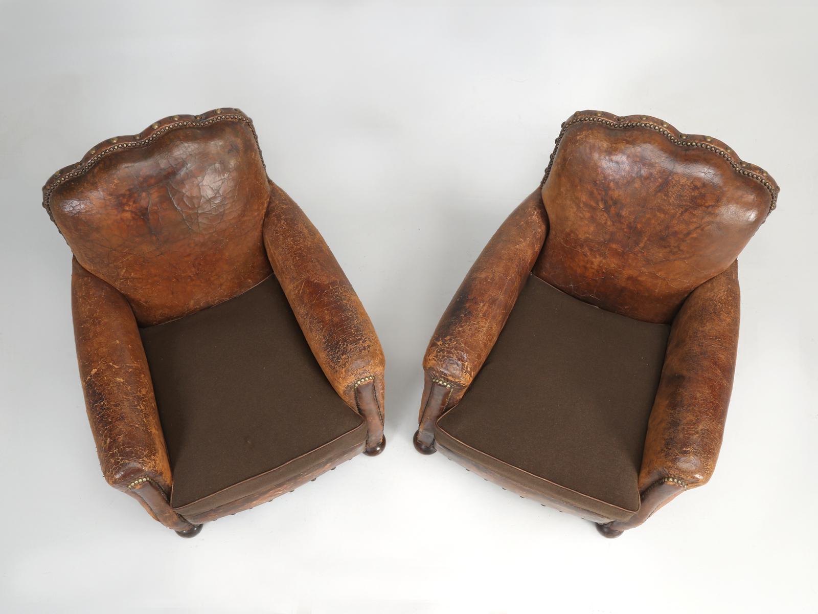 Art Deco Antique Pair of French Leather Club Chairs from the 1920s Extensively Restored