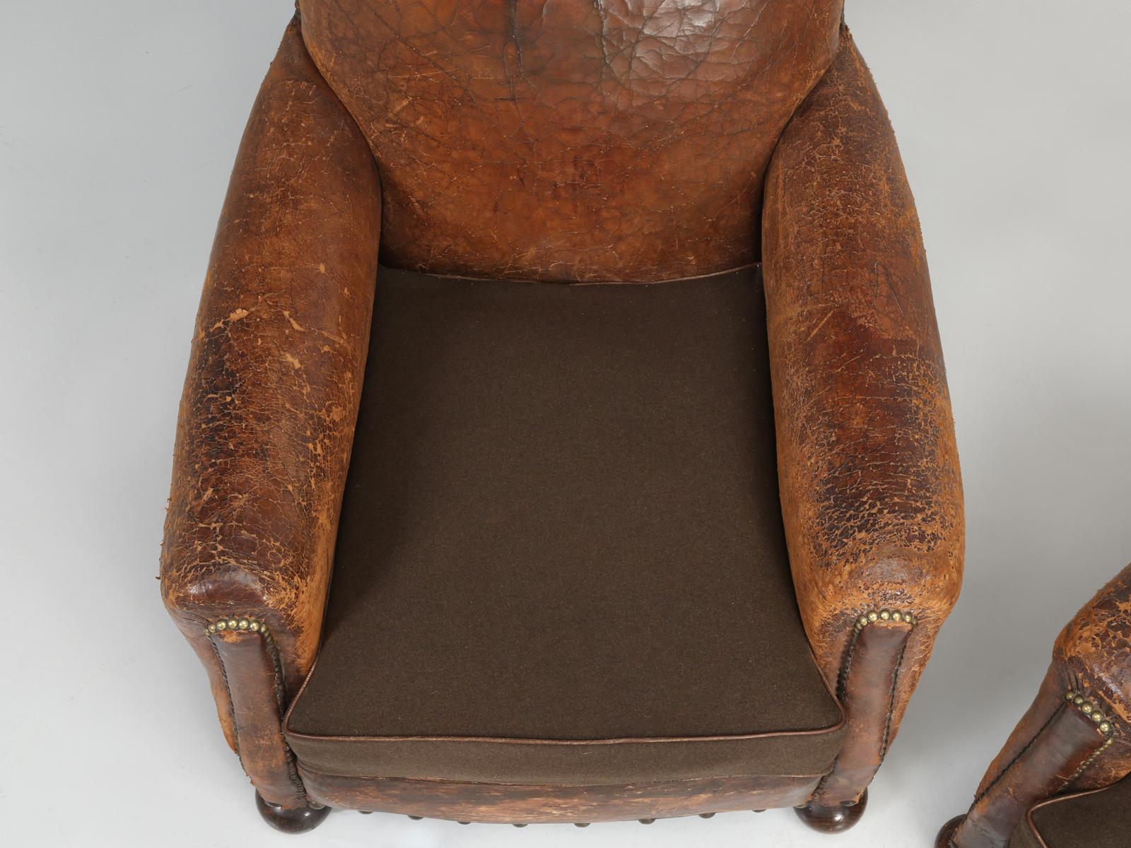Hand-Crafted Antique Pair of French Leather Club Chairs from the 1920s Extensively Restored