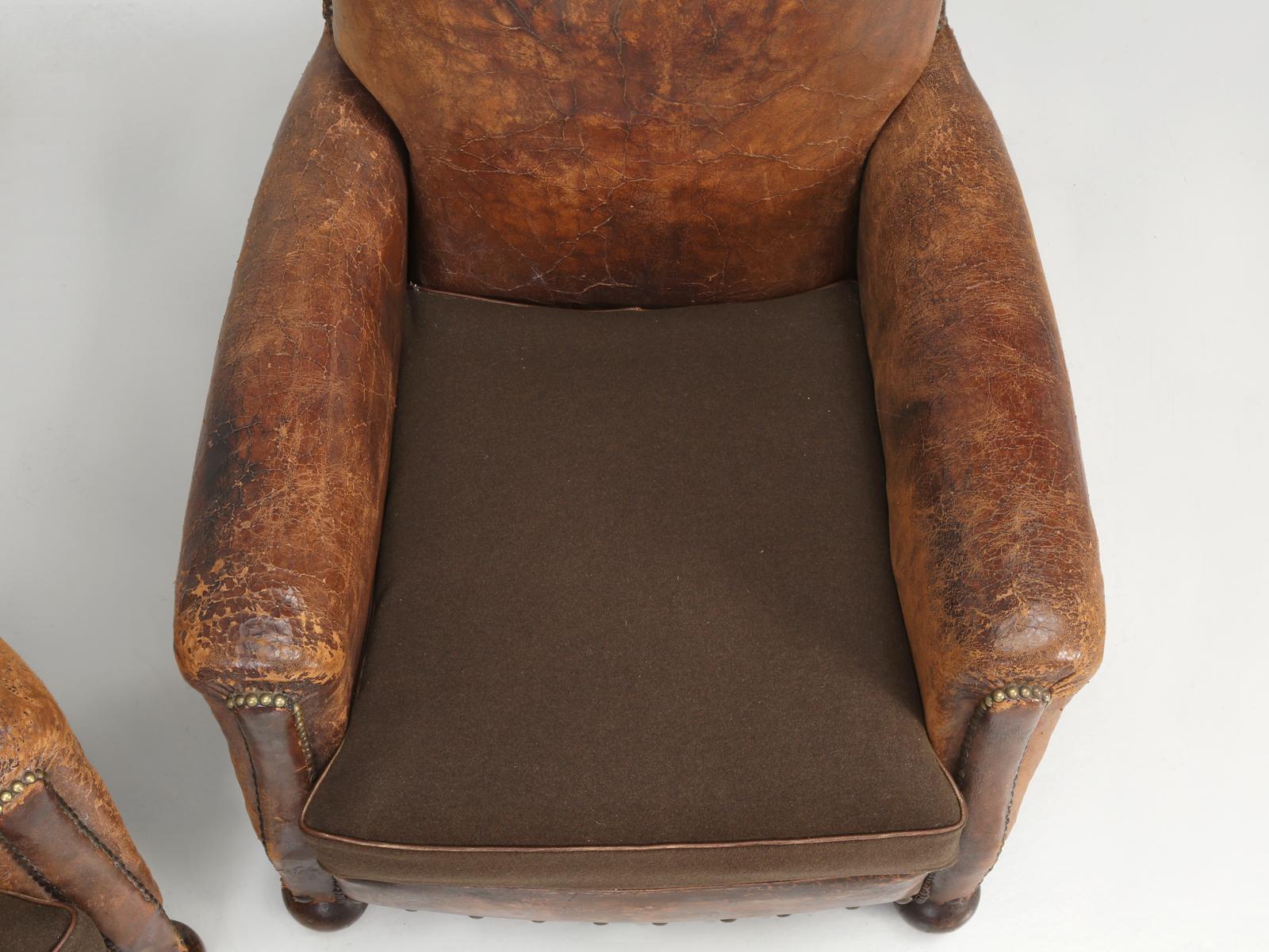 Antique Pair of French Leather Club Chairs from the 1920s Extensively Restored In Good Condition In Chicago, IL