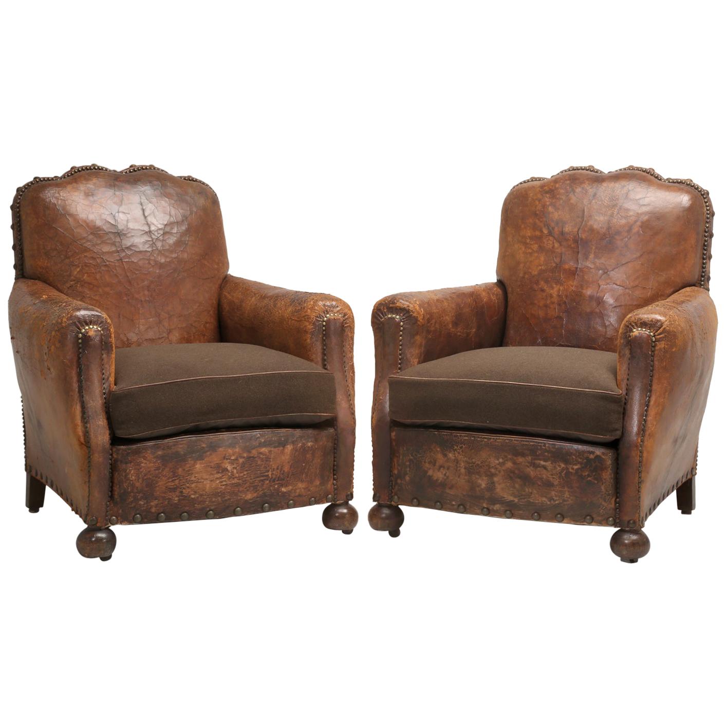 Antique Pair of French Leather Club Chairs from the 1920s Extensively Restored