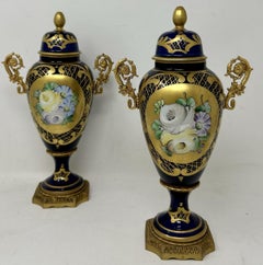 Antique Pair of French Limoges Porcelain Ormolu Mounted Urns Vases Centerpieces