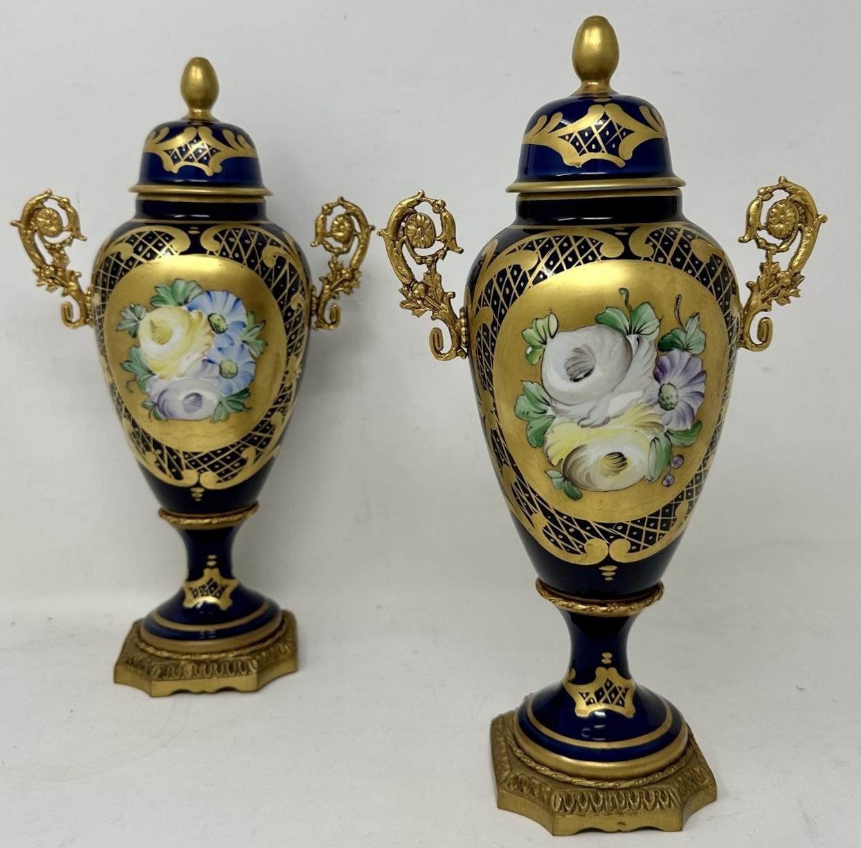 Late Victorian Antique Pair of French Limoges Porcelain Ormolu Mounted Urns Vases Centerpieces