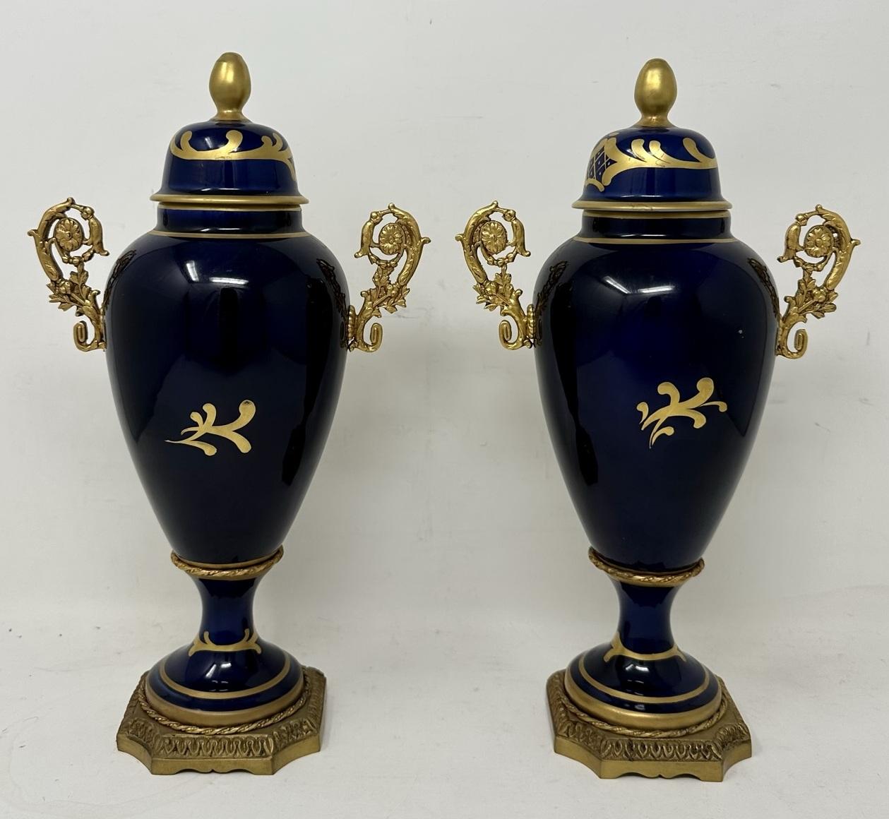 19th Century Antique Pair of French Limoges Porcelain Ormolu Mounted Urns Vases Centerpieces