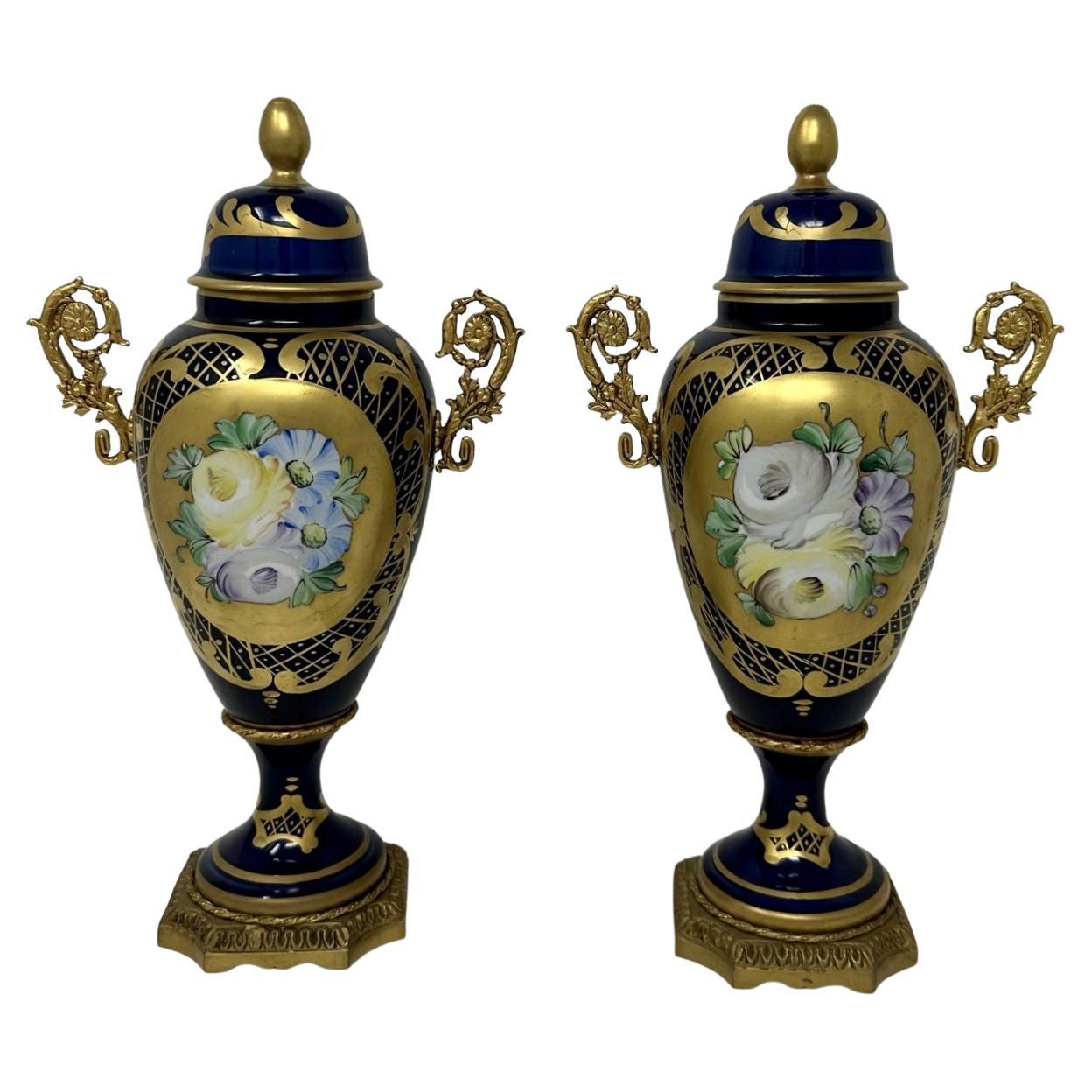 Antique Pair of French Limoges Porcelain Ormolu Mounted Urns Vases Centerpieces