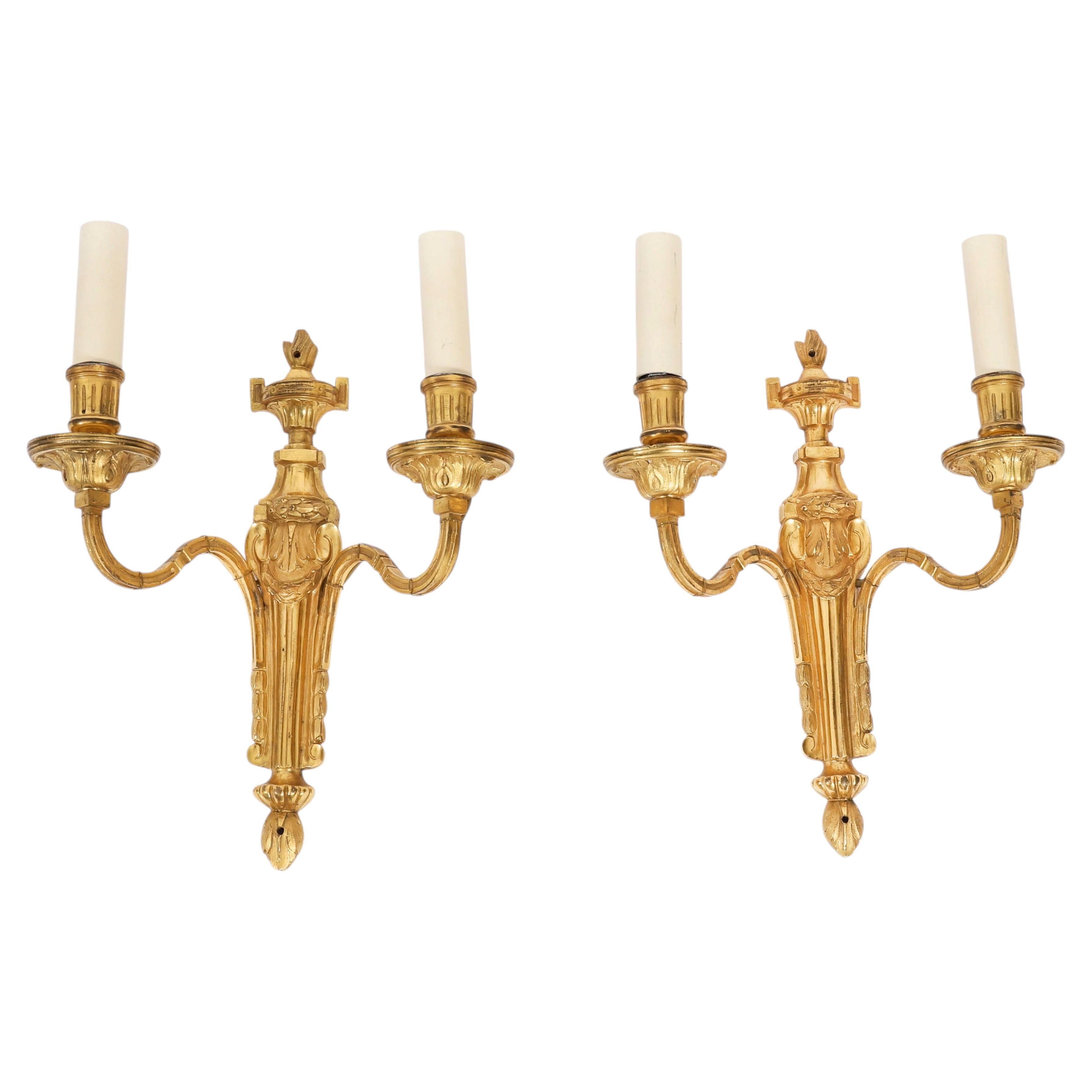 Antique Pair of French Louis Revival 2 Branch Ormolu Wall Lights C1880