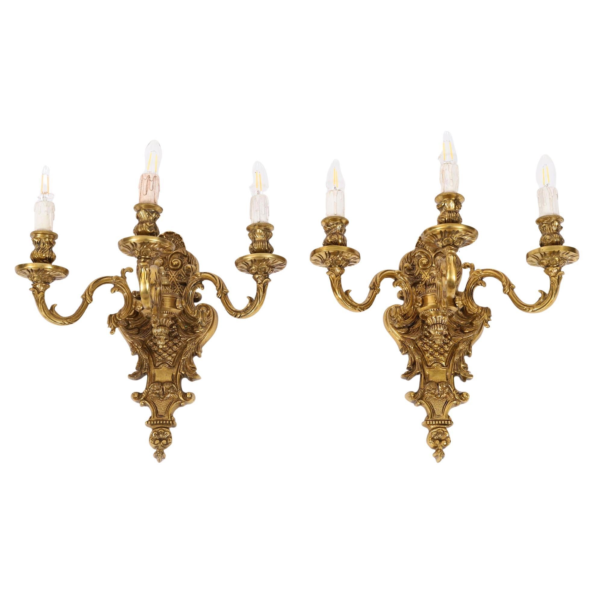 Antique Pair of French Louis Revival 3 Branch Ormolu Wall Lights 20th Century