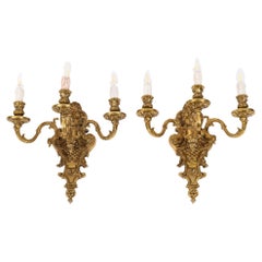 Antique Pair of French Louis Revival 3 Branch Ormolu Wall Lights 20th Century