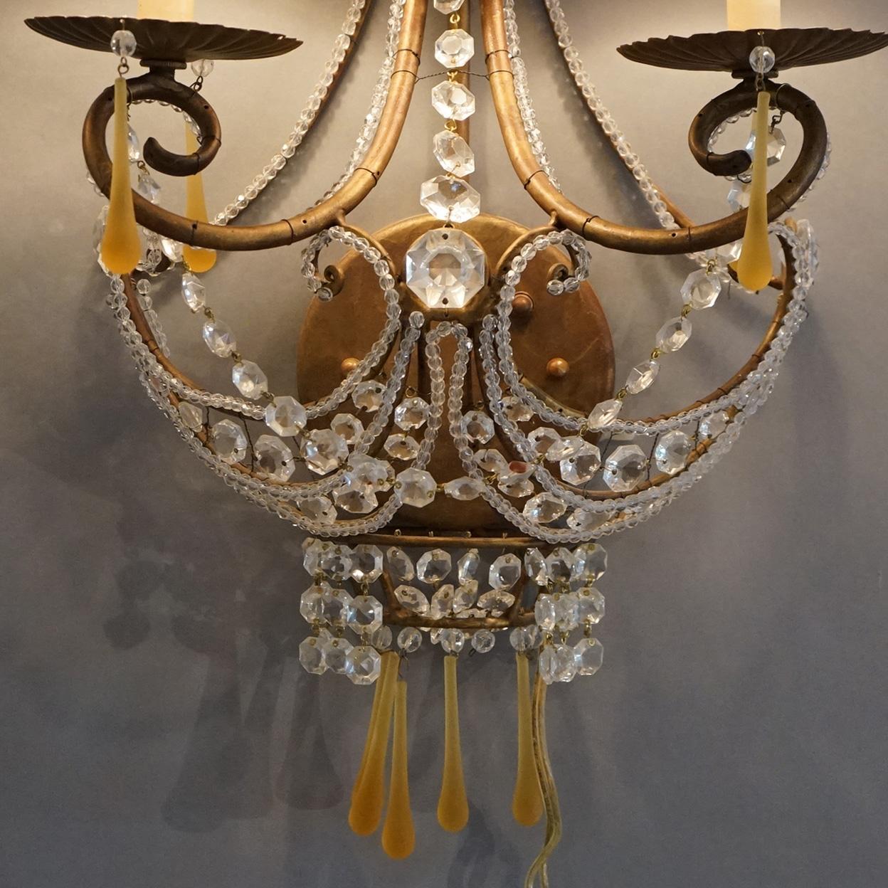 Antique Pair of French Louis XIV Style Crystal Wall Sconces 19thC In Good Condition For Sale In Big Flats, NY