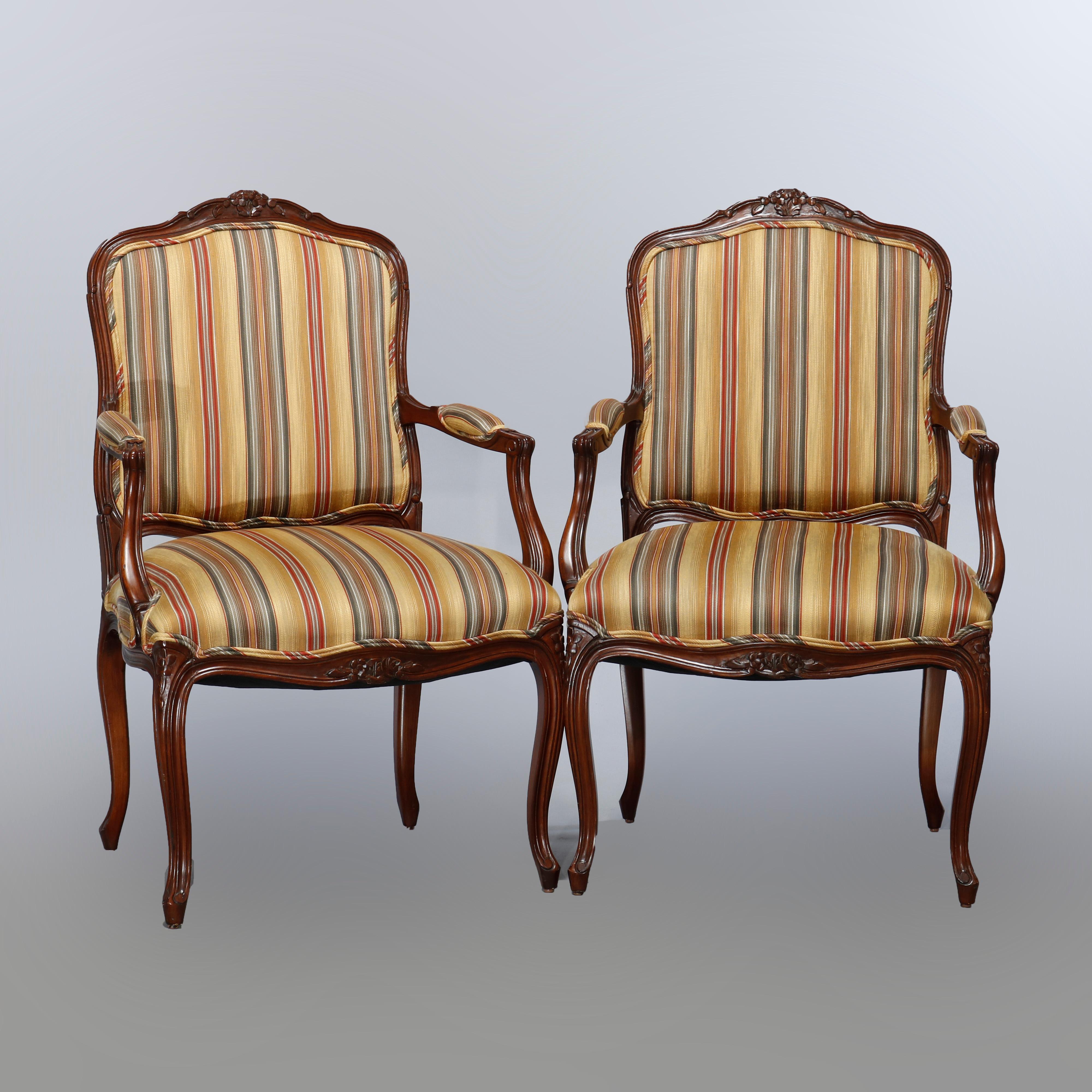 Antique Pair of French Louis XV Style Carved Walnut Upholstered Armchairs 20th C 7
