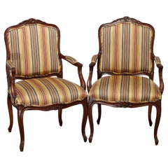 Antique Pair of French Louis XV Style Carved Walnut Upholstered Armchairs 20th C