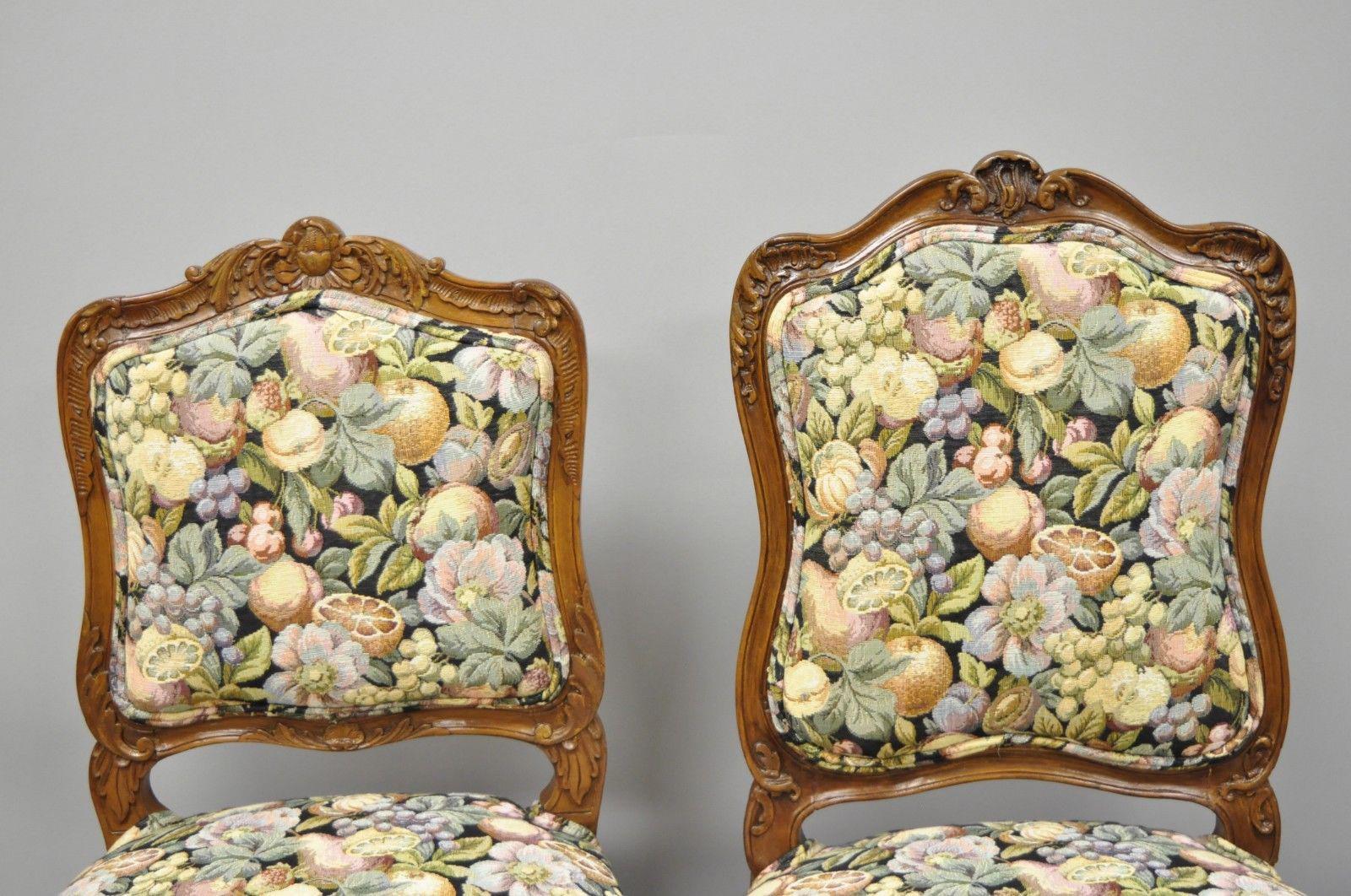 Antique Pair of French Louis XV Style Carved Walnut Upholstered Side Chairs In Good Condition In Philadelphia, PA