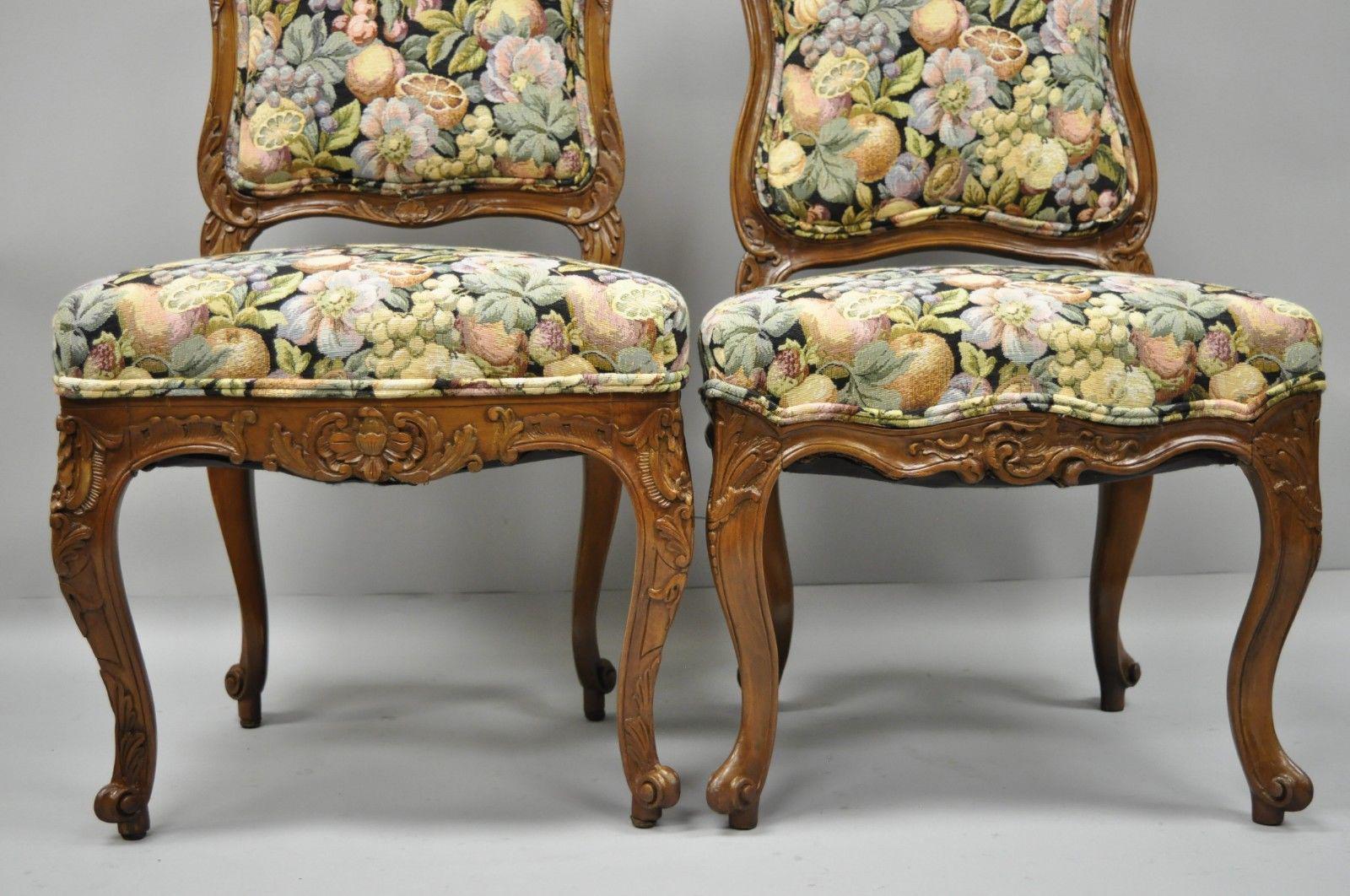 20th Century Antique Pair of French Louis XV Style Carved Walnut Upholstered Side Chairs