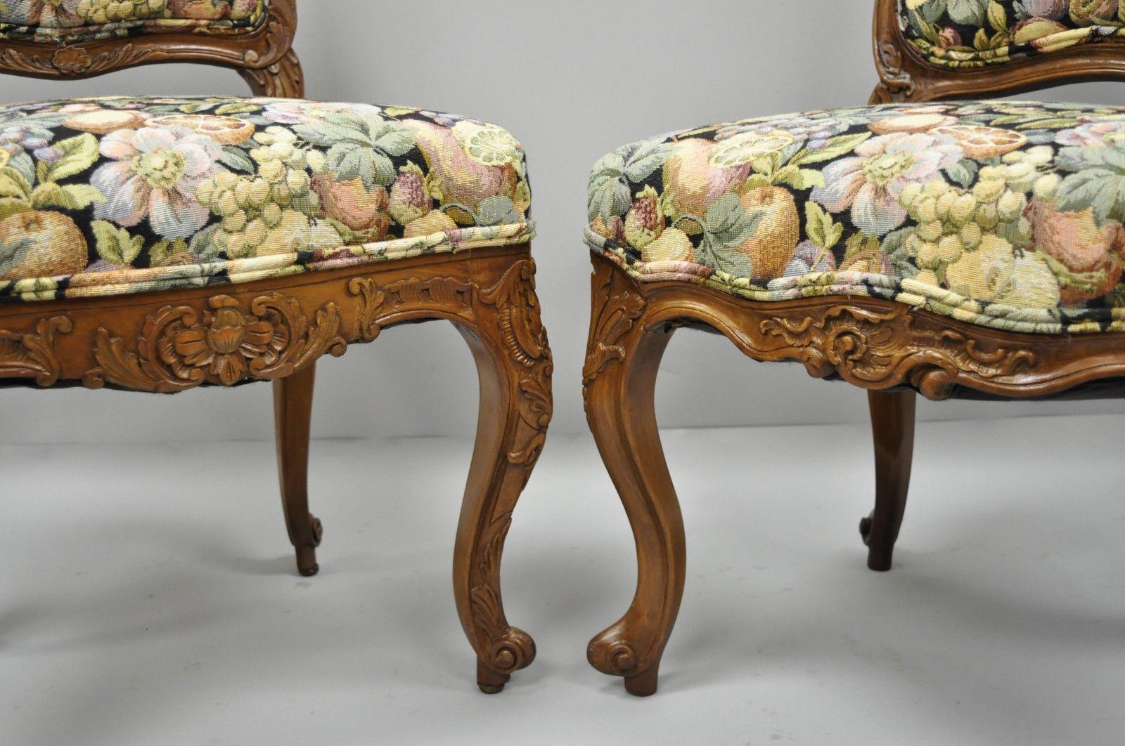 Tapestry Antique Pair of French Louis XV Style Carved Walnut Upholstered Side Chairs
