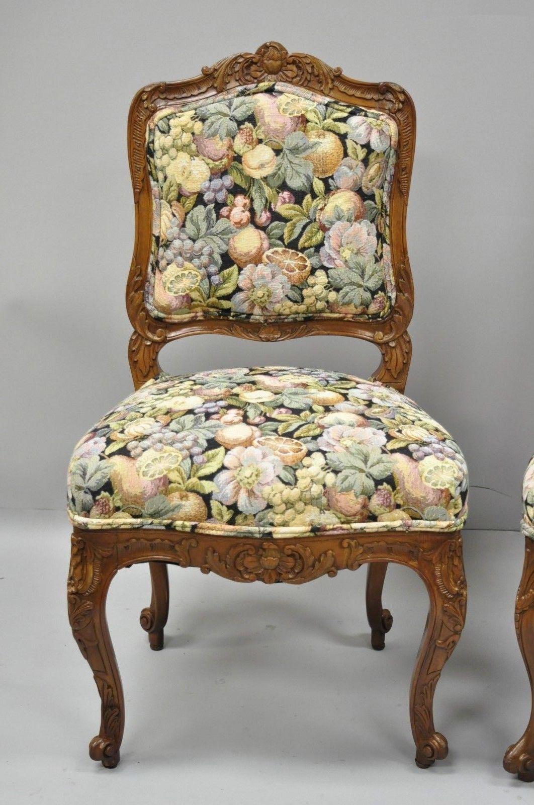 Antique Pair of French Louis XV Style Carved Walnut Upholstered Side Chairs 1