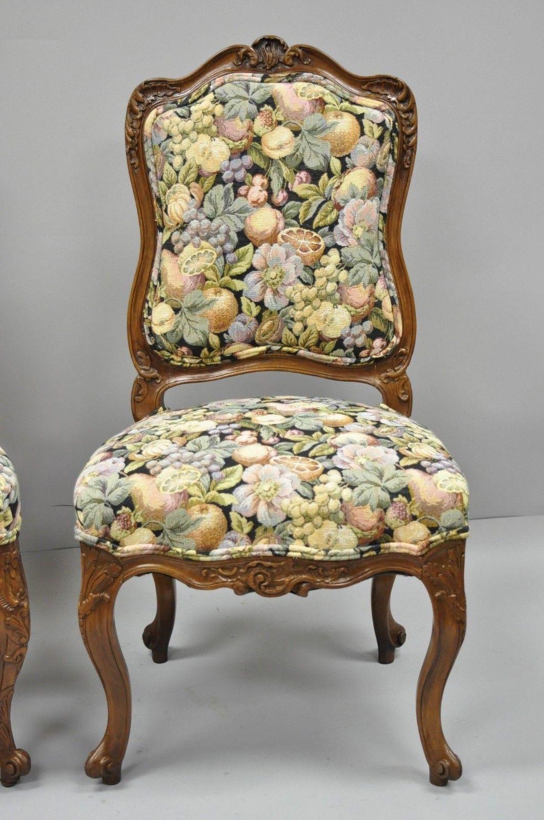 Antique Pair of French Louis XV Style Carved Walnut Upholstered Side Chairs 2