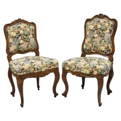 Antique Pair of French Louis XV Style Carved Walnut Upholstered Side Chairs