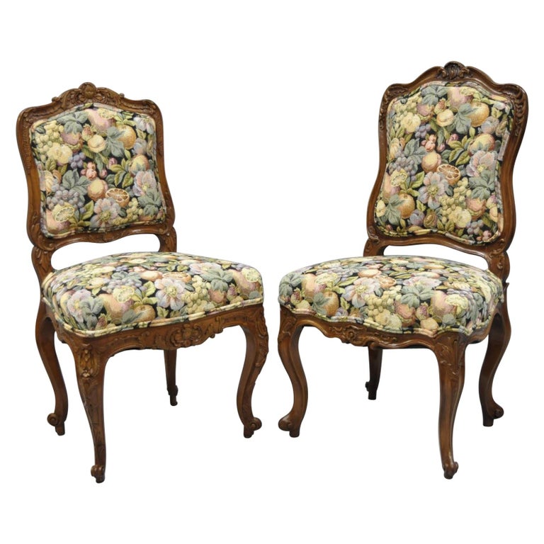 Download Antique Pair of French Louis XV Style Carved Walnut Upholstered Side Chairs For Sale at 1stDibs