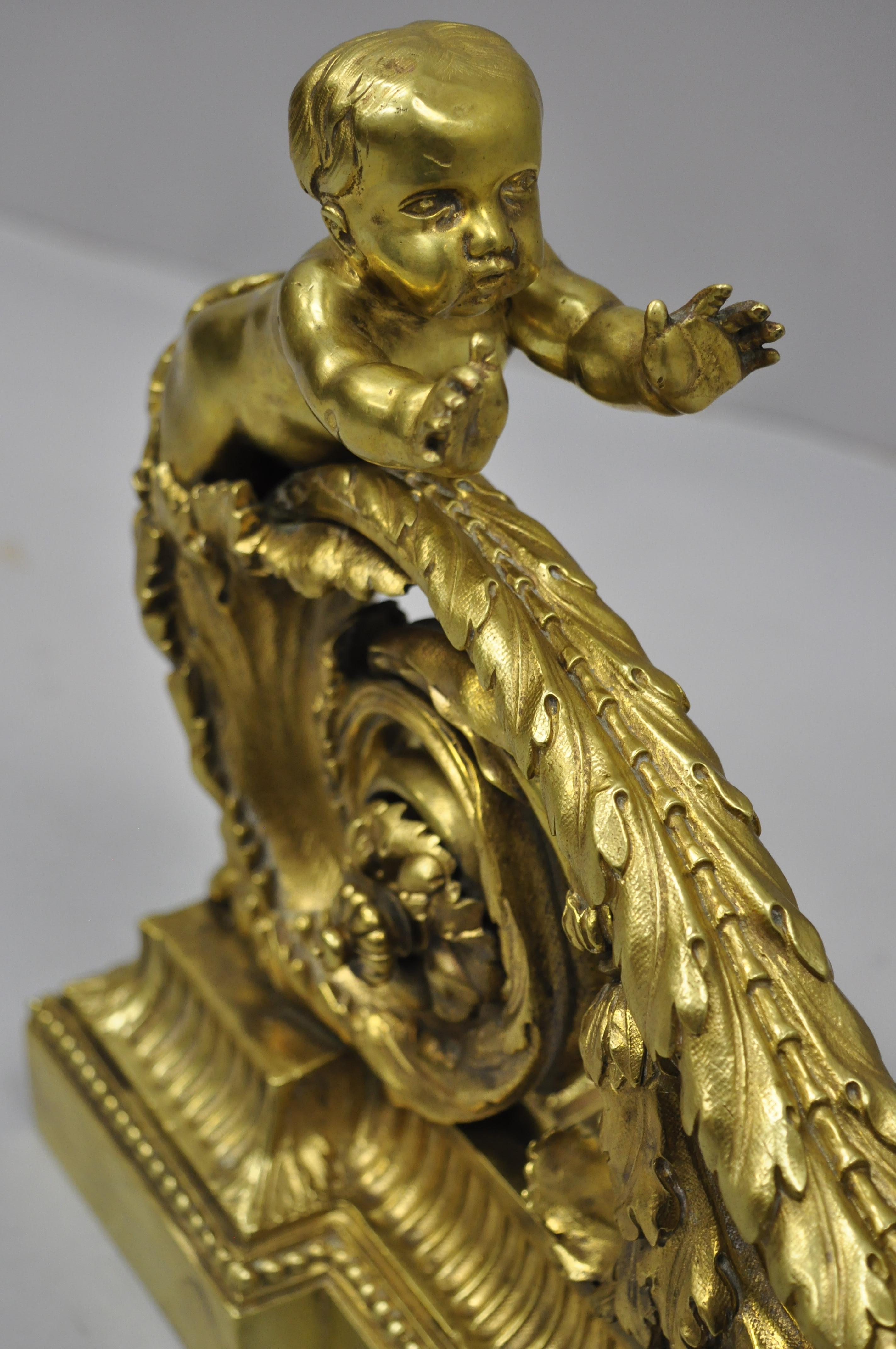 Antique Pair of French Louis XV Style Cherub Angel Chenet Andirons In Good Condition In Philadelphia, PA
