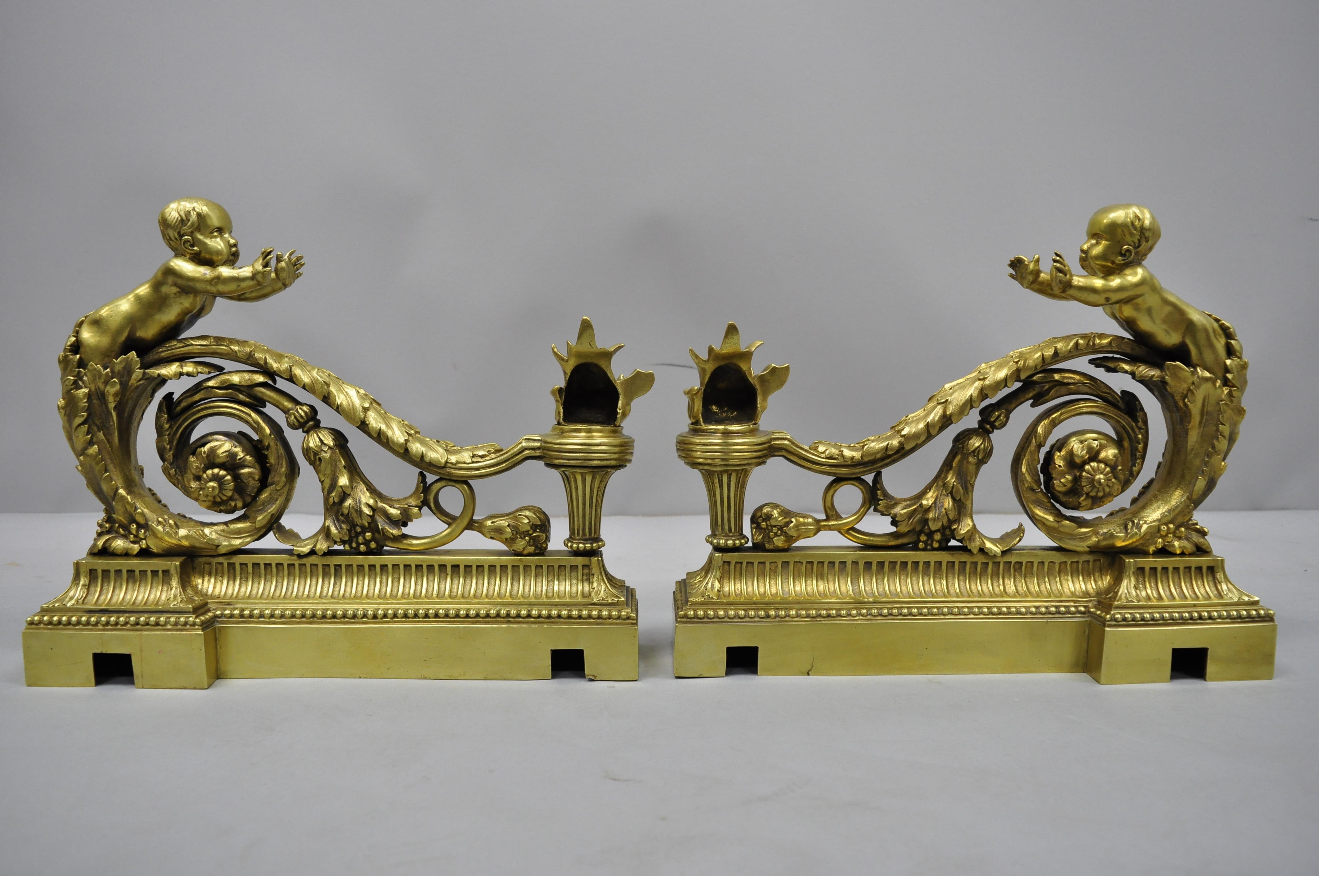 Antique Pair of French Louis XV Style Cherub Angel Chenet Andirons For Sale 2