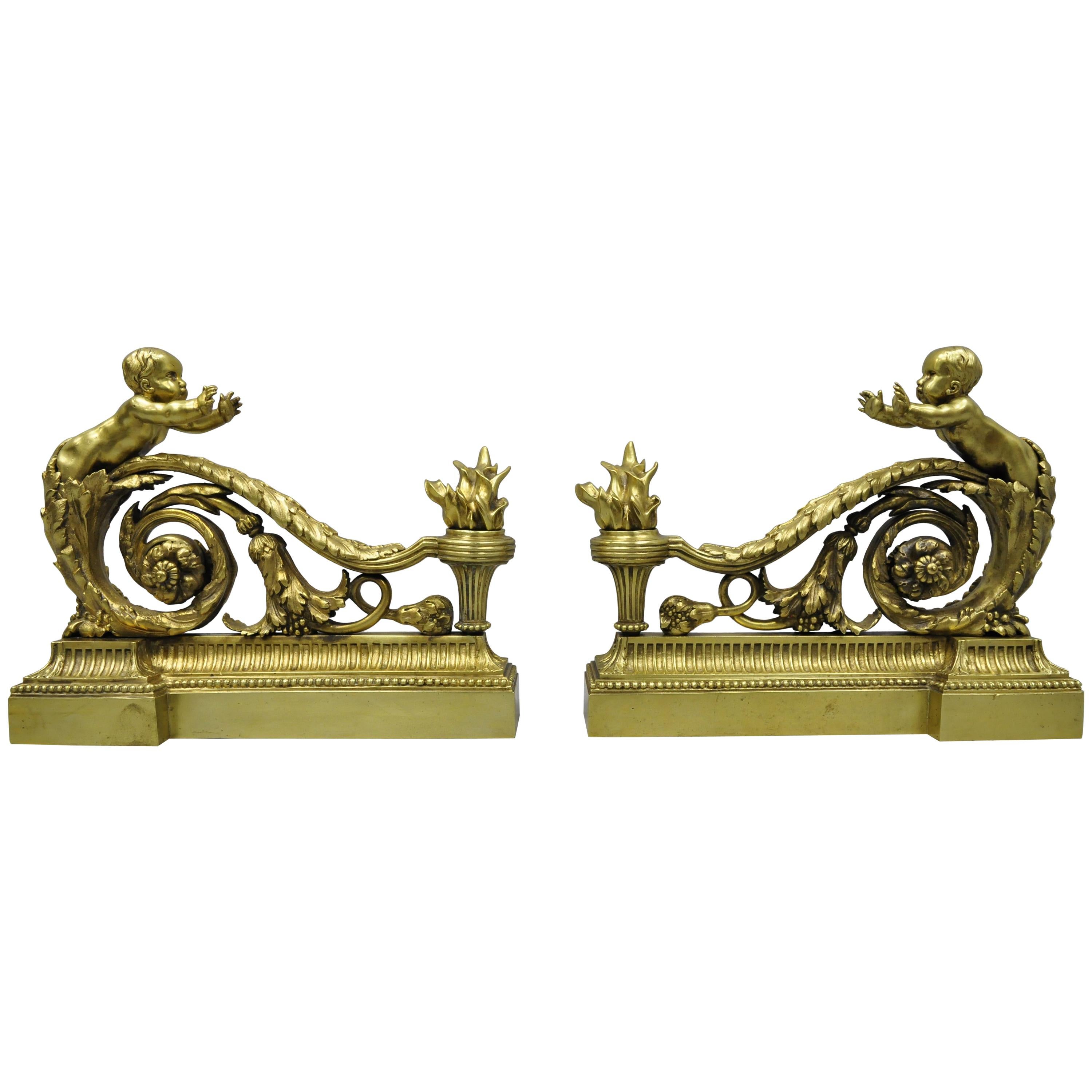 Antique Pair of French Louis XV Style Cherub Angel Chenet Andirons For Sale