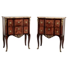 Antique Pair of French Louis XV Style Marble Top Inlaid Chests