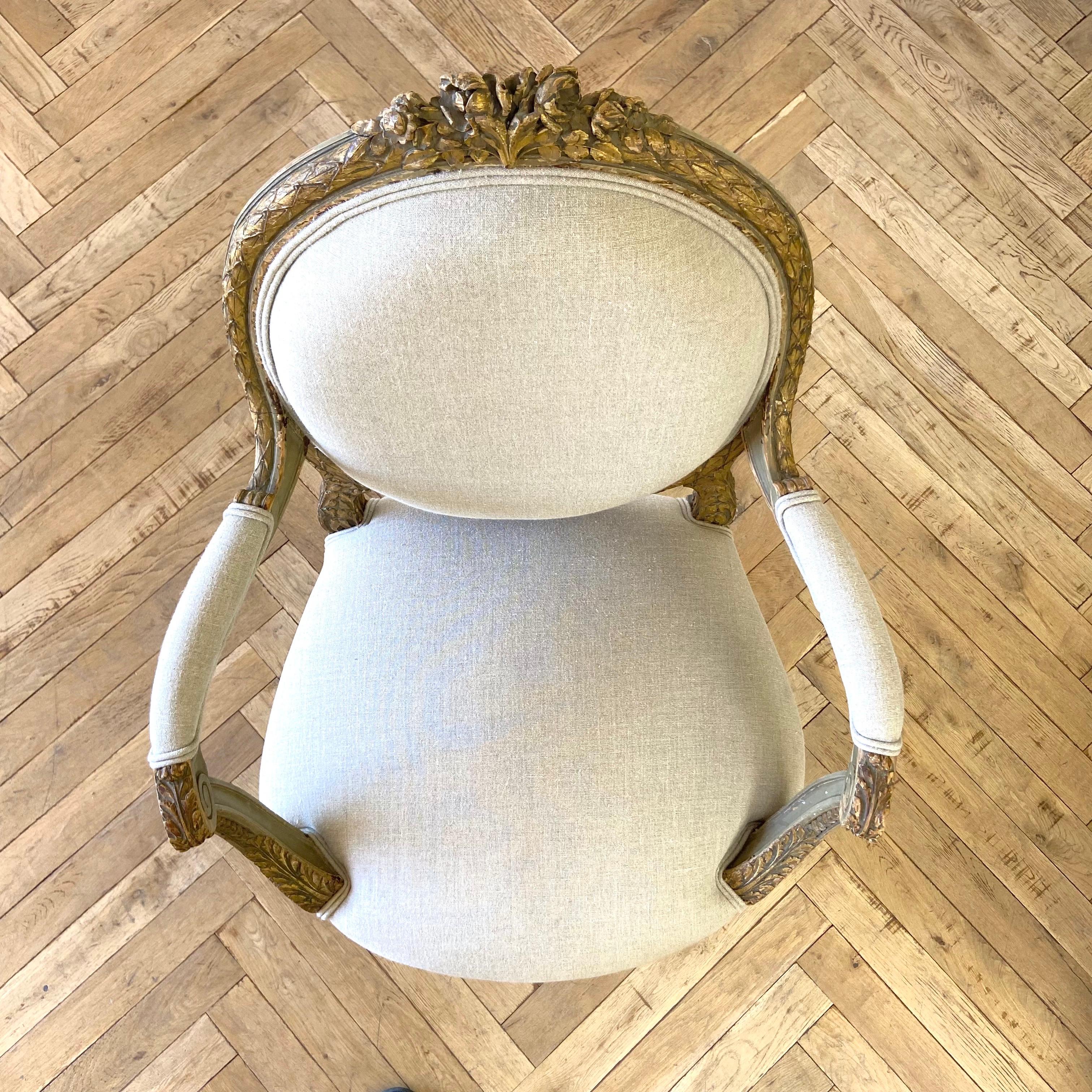 Antique Pair of French Louis XVI Style Arm Chairs Original Paint and Giltwood For Sale 5